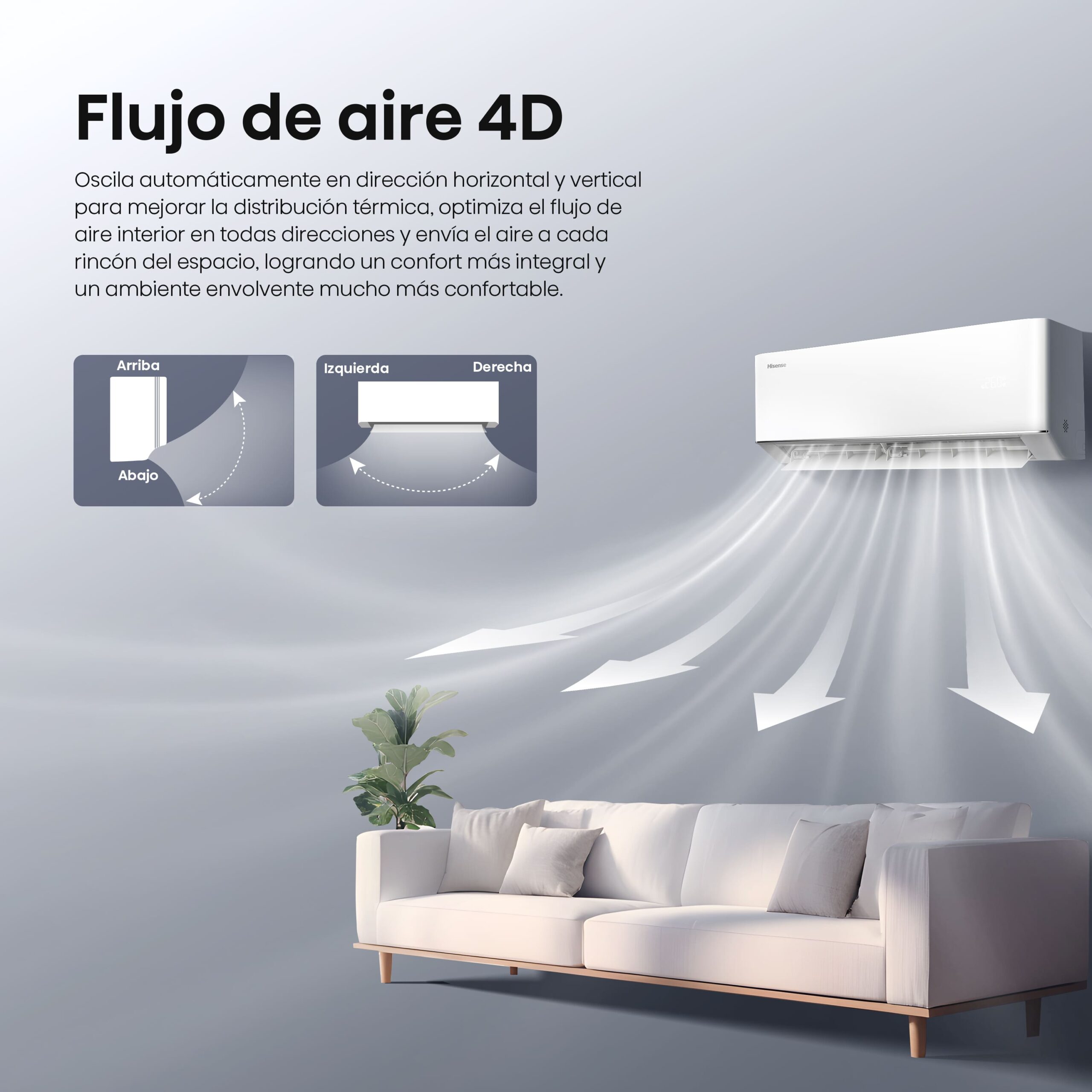 Flujo de aire 4D para una climatización más uniforme El flujo de aire 4D permite distribuir el aire tanto en dirección horizontal como vertical, ayudando a repartir la climatización por diferentes zonas de la estancia.  En lugar de concentrar todo el aire en una única dirección, el equipo puede generar una sensación de temperatura más homogénea, consiguiendo un ambiente más envolvente y confortable.  Esta distribución mejora especialmente la experiencia en salones, dormitorios y habitaciones donde se desea evitar que el flujo de aire incida constantemente sobre una misma zona.